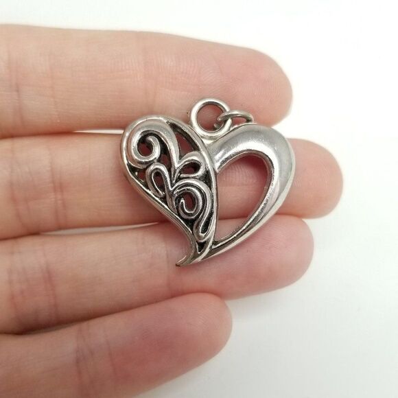 Vintage Heart Pendant Charm, Scroll Open Work Design, Silver Tone, Estate - Picture 5 of 6
